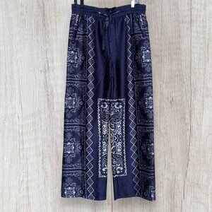 ZARA Navy Blue Wide Leg Pants Bandana Print Boho Lounge M